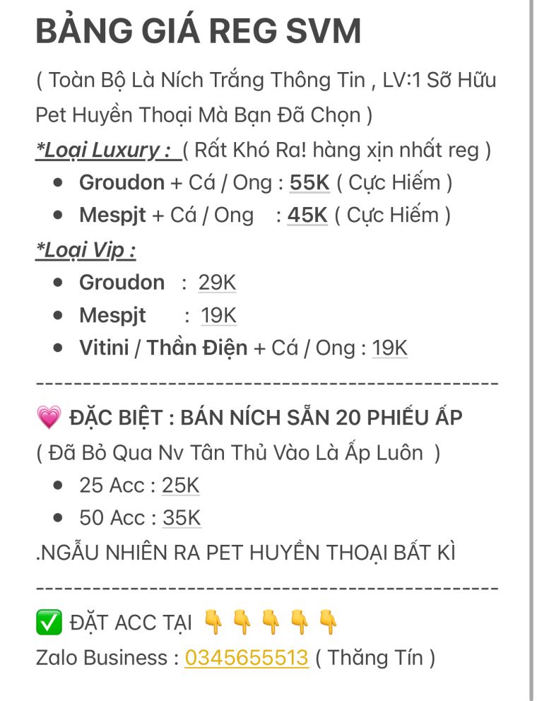 Bảng Giá REG SVM -BẠN CHỌN