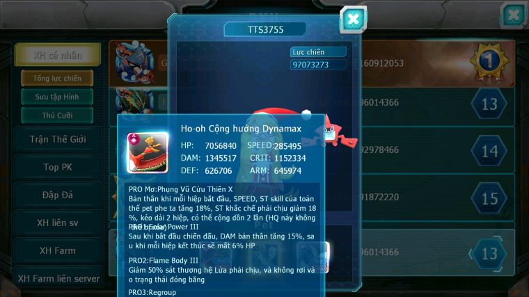 MÃ : #TTS3755 - SV 854 - TOP6PK - LUGIA CỘNG HƯỞNG GẦN 300K SP BUILD MAX HAY HOOH CH DYNAMAX THẦN GIÓ BC ACC BUILD SIÊU CHẤT