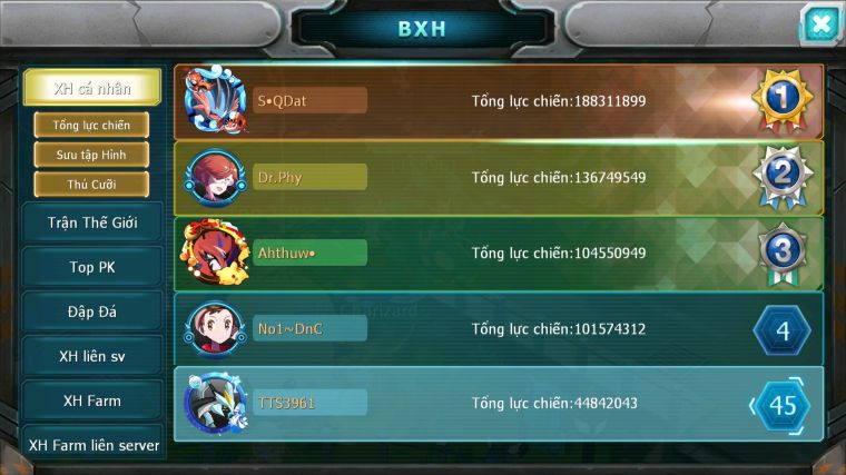 MÃ : #TTS3961 - SV 1262 - V11 - TOP 45 - HOOH DYNAMAX UNVOA WB BC THẦN GIÓ BC QVLD LUGIA BC NHIỀU PET HT