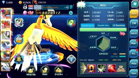 MÃ : #TTS5116 - SV 1693 - V10 - 15K KC - HOOH DYNAMAX QVLD BC THẦN GIÓ BC LUGIA BC YVETAL UNVOA KYOGRE NHIỀU PET HT