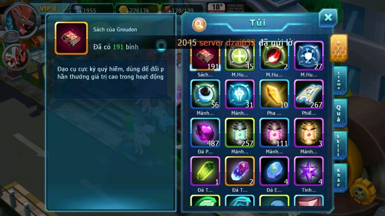 MÃ : #TTS5131 - SV1822 - TOP29 - V8 - HOOH DRAK HOOH GROUDON ZEVIL BTAA NHIỀU PET HT