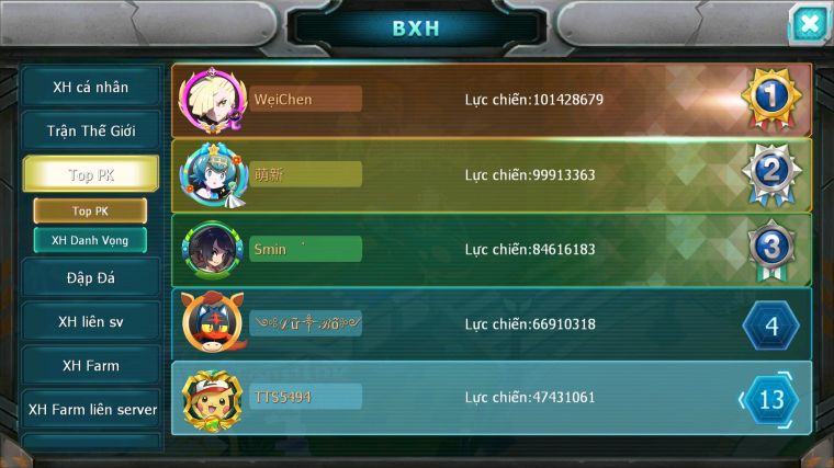 MÃ : #TTS5494 - S1619 - TOP13 - 1K7 SÁCH - V14 - 23K KC - HOOH BÁ CHỦ DYNAMAX YVETAL BÁ CHỦ THẦN GIÓ BC UNVOA QVLD BC CẶP L;ATI BC MEW GIÁP BC