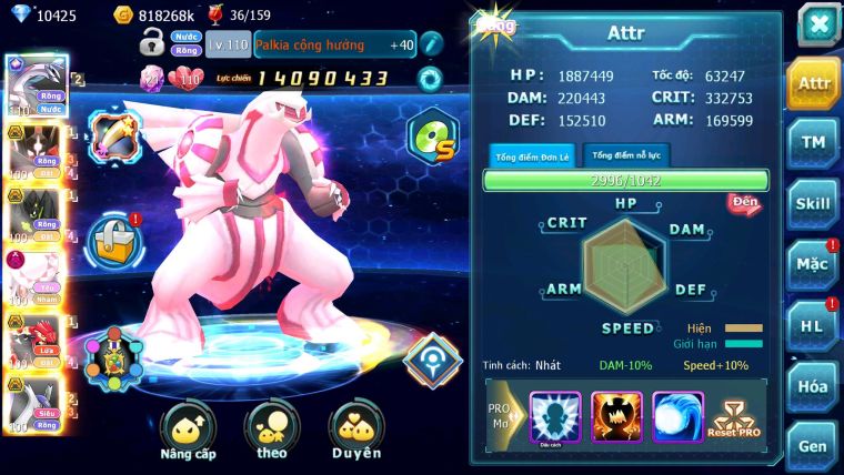 Mã : #TTS6727 - S1458 - V14 - BXH : 50 - Cưỡi Pikachu Palkia CH Zflare Bá chủ Z100 Bc Diancie Bc Dnm Nhiều Pet HT