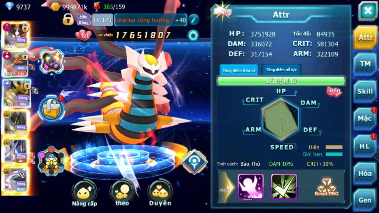 Mã : #TTS6814 - S1491 - BXH : 8 - V15 - Zlfare Dnm Ho-oh CHD Giratina CH Pr dialga Bc Nhiều Pet HT