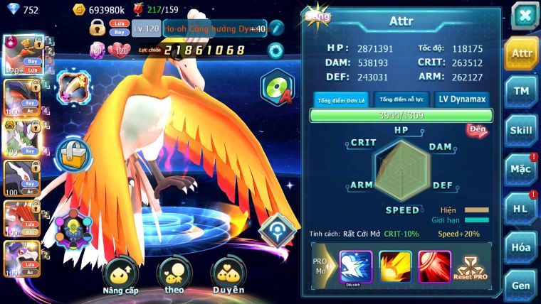 Mã : #TTS6818 - S1520 - V11 - BXH : 35 - Ho-oh CHD Yvetal Thần gió bc shadow lugia  nhiều pet Ht