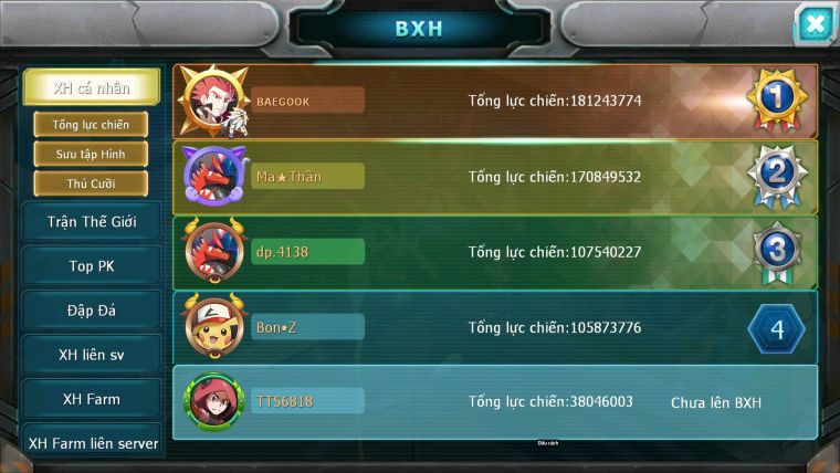 Mã : #TTS6818 - S1520 - V11 - BXH : 35 - Ho-oh CHD Yvetal Thần gió bc shadow lugia  nhiều pet Ht