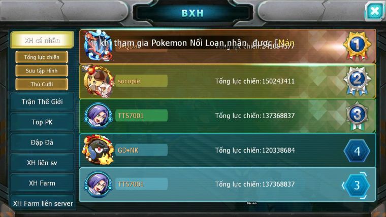Mã : #TTS7001 - S1266 - BXH3 - Top4-8 C20 -  1775S - Tapu Bulu Cực Khủng Diancie + Palkia Max Nhiều Pet HT Bc